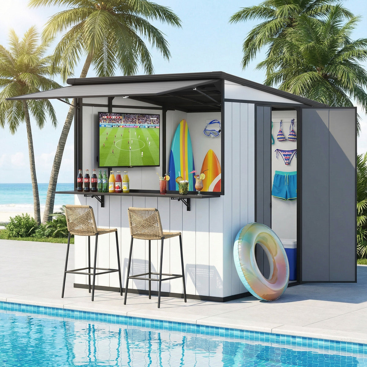 EROMMY 7x6 FT Outdoor Storage Shed with Foldable Bar Counter & Hydraulic Support Overhang, Metal Shed Backyard Bar Cabana, Lockable Small Shed for Outdoor Storage