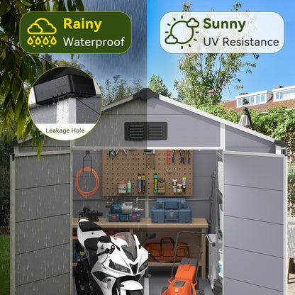 Erommy 8x12 FT Outdoor Storage Shed, Weather-Resistant Shed with Lockable Double Doors & Built-In Floor, Sloped Roof Outdoor Shed for Backyard, Patio & Lawn, Gray