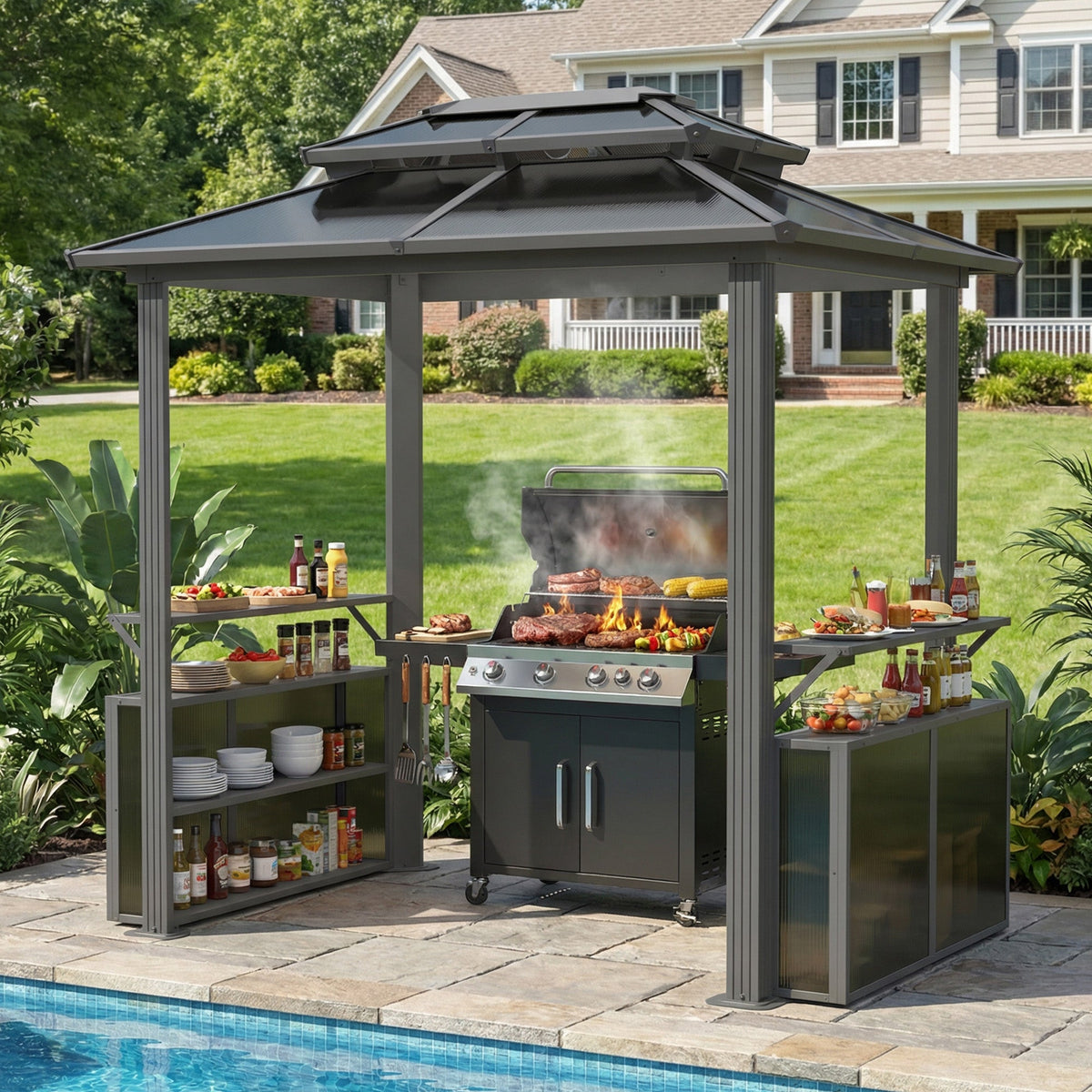 EROMMY 8x6 Polycarbonate Grill Shelter with Two Side Bars