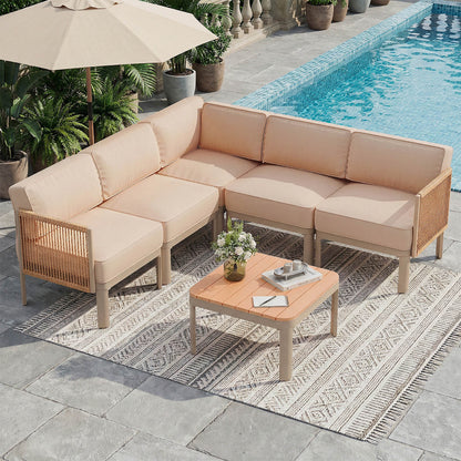 EROMMY 6-Piece Aluminum Patio Sectional Sofa Set, Outdoor Conversation Set with 6" Washable Thick Cushions & Coffee Table,  Beige