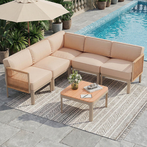 EROMMY 6-Piece Aluminum Patio Sectional Sofa Set, Outdoor Conversation Set with 6" Washable Thick Cushions & Coffee Table,  Beige