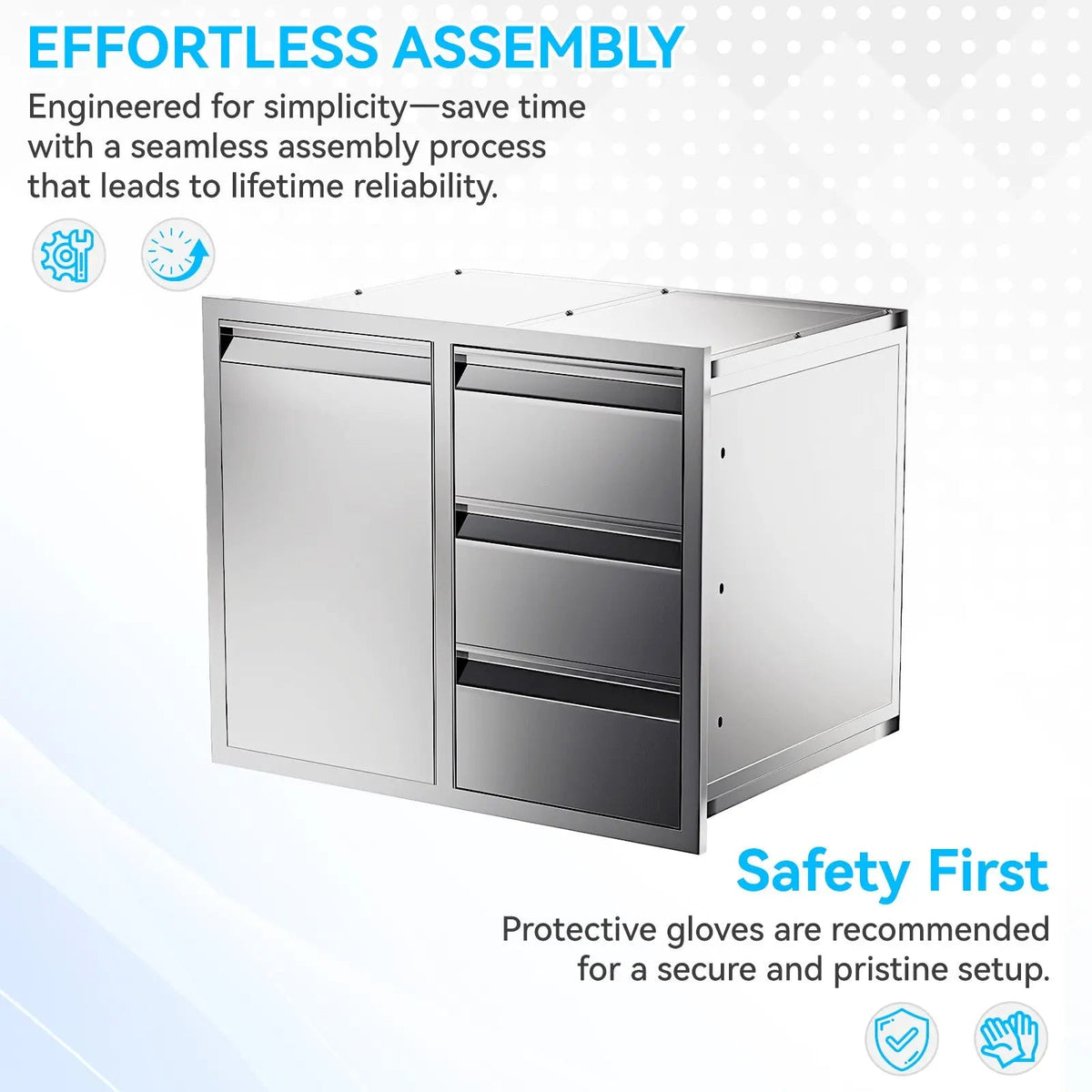 EROMMY Outdoor Kitchen Drawer and Trash Bin Combo - 28"Wx20"Dx23"H Built-in 304 Stainless Steel Cabinet with Triple Drawers & Pull-Out Trash Drawer, Silver