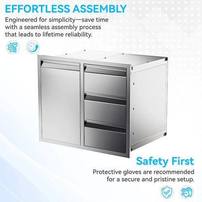 EROMMY Outdoor Kitchen Drawer and Trash Bin Combo - 28"Wx20"Dx23"H Built-in 304 Stainless Steel Cabinet with Triple Drawers & Pull-Out Trash Drawer, Silver