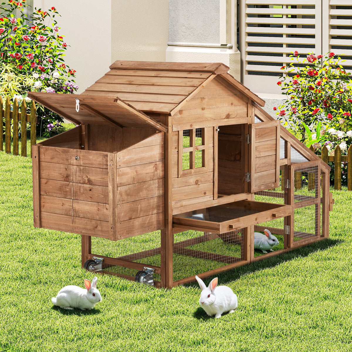 EROMMY Chicken Coop Large Wooden Chicken Tractor 71" with Nesting Box, Wheels, Waterproof Roof, Pull Out Tray, for 4-6 Poultry