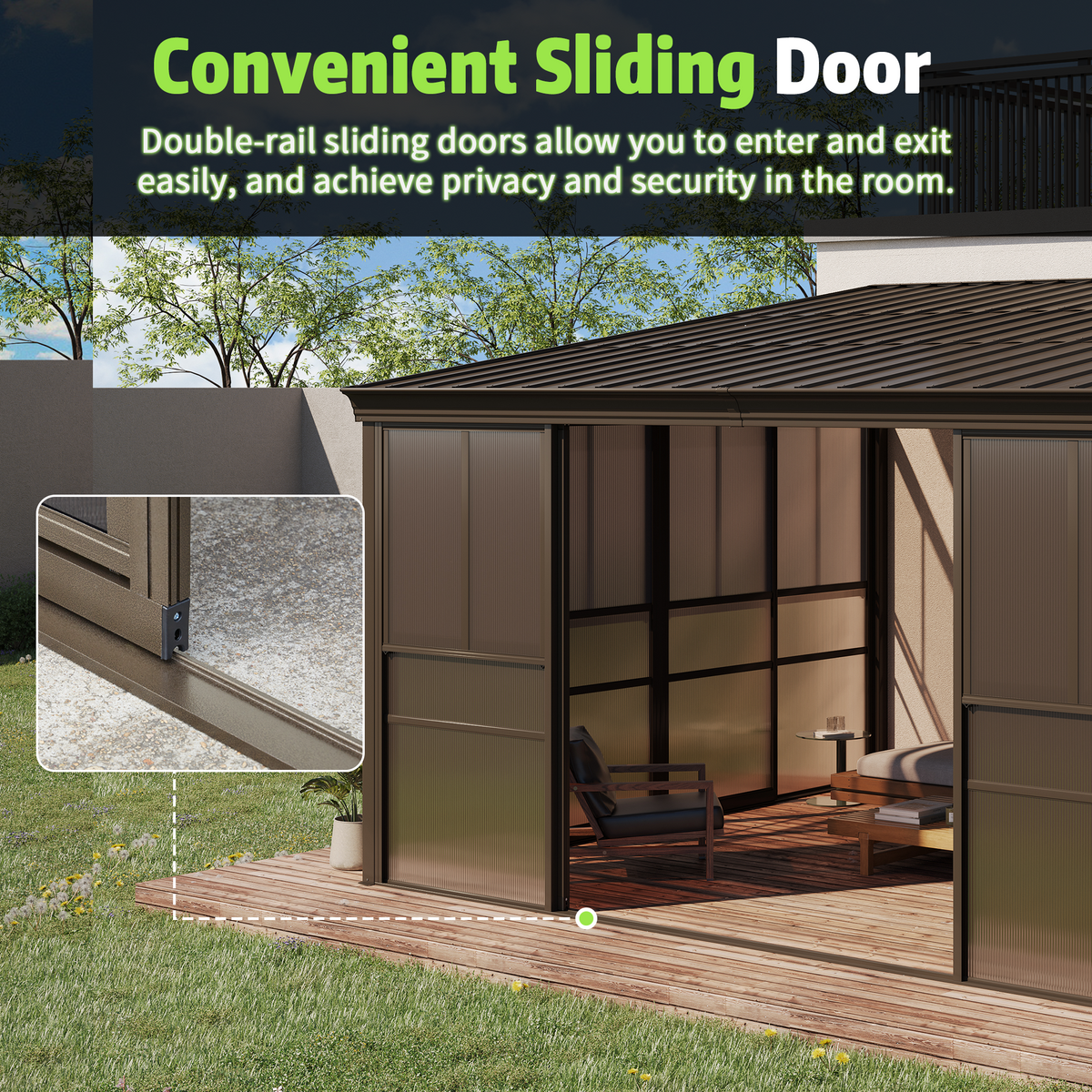 EROMMY 12 x 14 FT Wall-Mounted Gazebo, All-season Aluminum Patio Gazebo With Side Door, Outdoor Permanent Sunroom, Brown