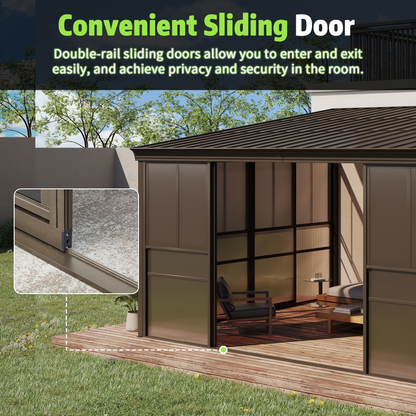EROMMY 12 x 14 FT Wall-Mounted Gazebo, All-season Aluminum Patio Gazebo With Side Door, Outdoor Permanent Sunroom, Brown