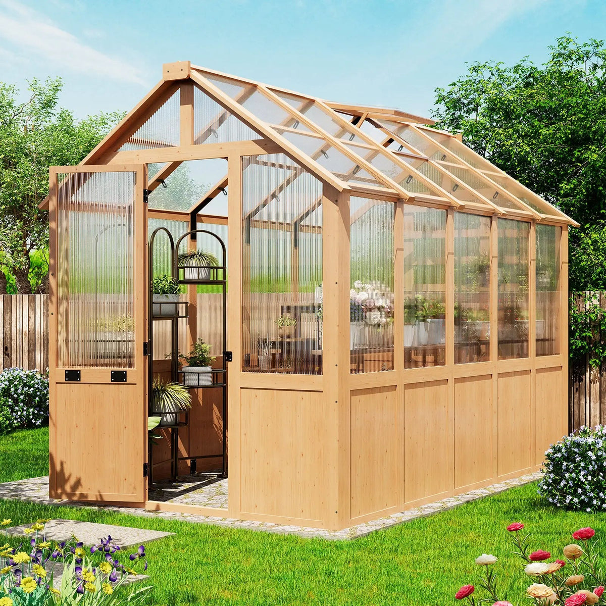 EROMMY 6x10 FT Wooden Greenhouse for Plants and Vegetables