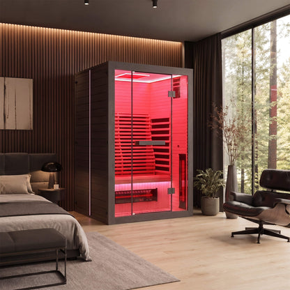 EROMMY 2 Person Infrared Sauna with Red Light Therapy, 360° Fast Heating, 7-Color LED & Bluetooth, Adjustable Seat, Black