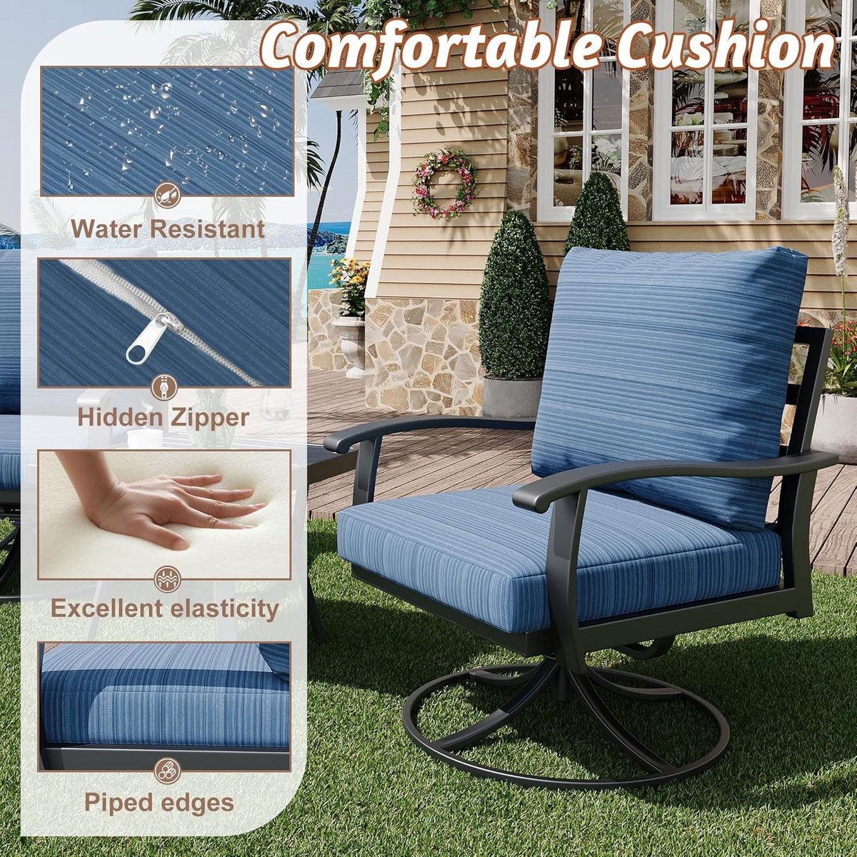 EROMMY Outdoor Swivel Rocker Patio Chairs with Ottomans, 5 PCS Bistro Set for Garden, Deck, Blue