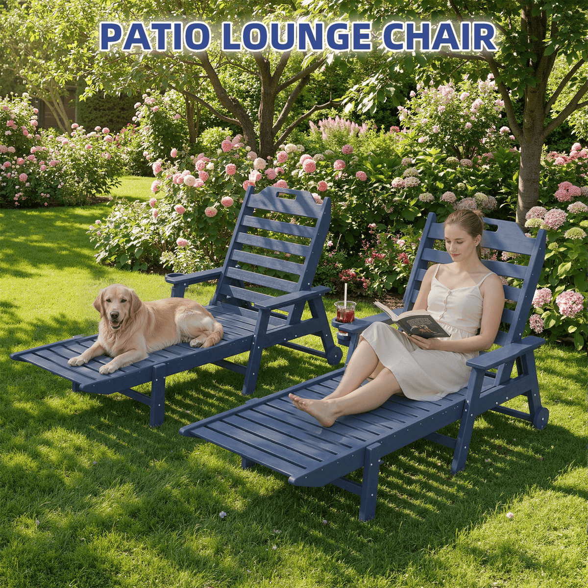 EROMMY 22" W Oversized Chaise Lounge Chairs, Adjustable HDPE Outdoor Chairs with Wheels & Cup Holder, Navy Blue