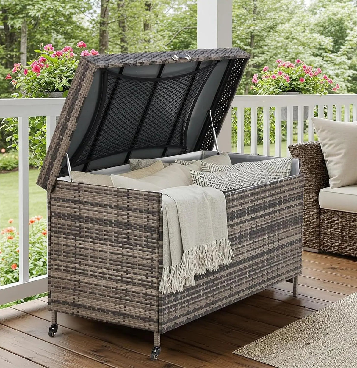 EROMMY 240 Gallon Wicker Deck Box with Wheels, Outdoor Storage Box with Liner Patio Waterproof Deck Storage Box Wicker Chest Storage Trunk Rattan Pool Container for Garden, Balcony, Yard, Grey