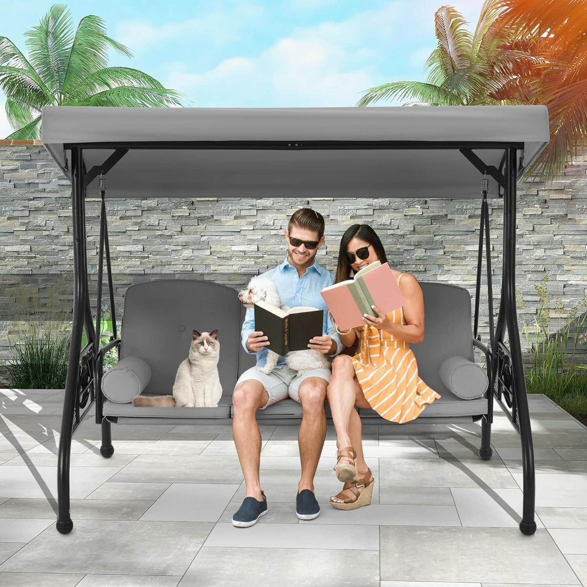 EROMMY 3-Seat Outdoor Porch Swing with Adjustable Canopy and Backrest, Gray