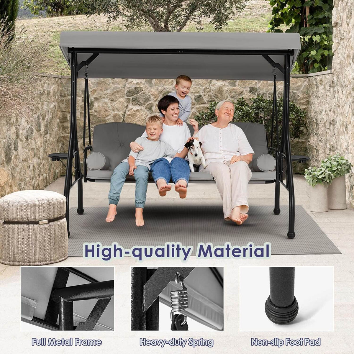 EROMMY 3-Seat Outdoor Porch Swing with Adjustable Canopy and Backrest, Gray