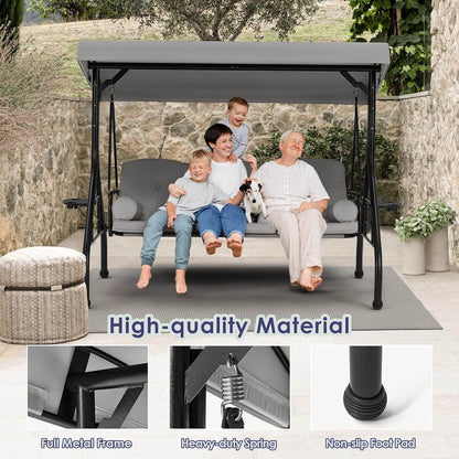 EROMMY 3-Seat Outdoor Porch Swing with Adjustable Canopy and Backrest, Gray