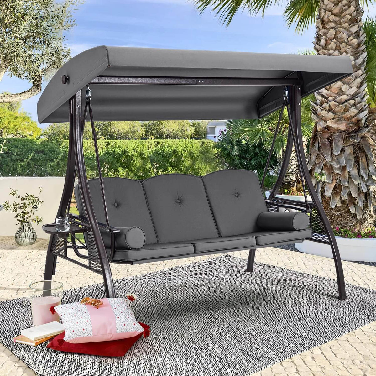 EROMMY 3-Seat Outdoor Porch Swing with Adjustable Canopy and Backrest, Gray