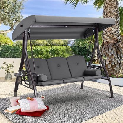 EROMMY 3-Seat Outdoor Porch Swing with Adjustable Canopy and Backrest, Gray