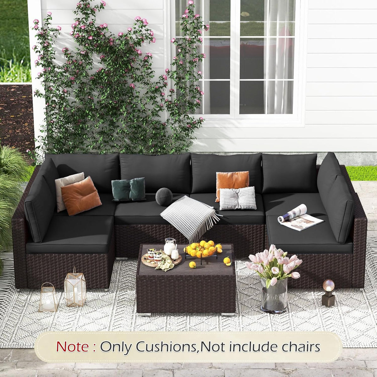 EROMMY Outdoor Replacement Cushions for  6-Seat Patio Conversation Sets, Black