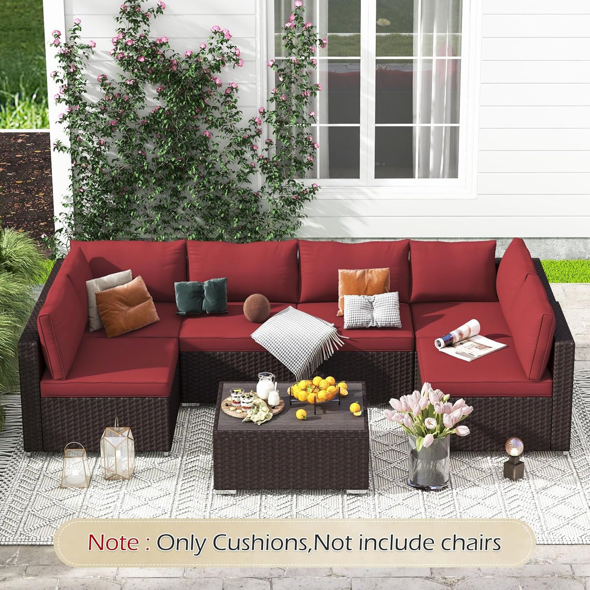 EROMMY Outdoor Replacement Cushions for  6-Seat Patio Conversation Set, Wine Red