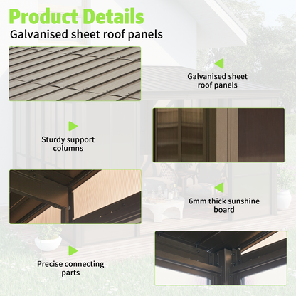 EROMMY 12 x 14 FT Wall-Mounted Gazebo, All-season Aluminum Patio Gazebo With Side Door, Outdoor Permanent Sunroom, Brown
