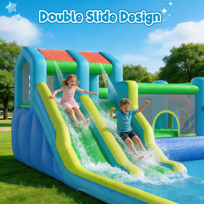 EROMMY Inflatable Bounce House, Bouncy House with Double Water Slide, Inflatable Bouncy Castle Water Bounce House with Blower, Climbing Wall, Jumping, Splash Pool for Kids Indoor Outdoor