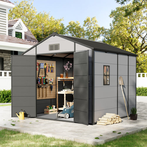 8x8 FT Outdoor Storage Shed, Weather-Resistant Shed with Lockable Double Doors & Built-In Floor, Sloped Roof Outdoor Shed for Backyard, Patio & Lawn, Black