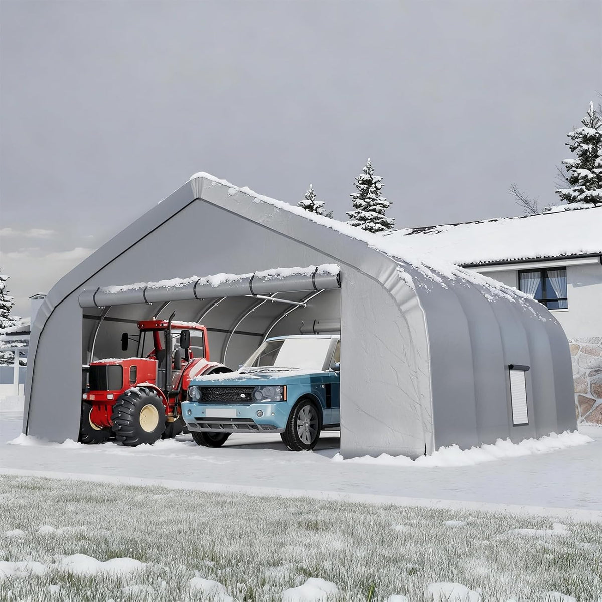 EROMMY 20x20 FT Heavy Duty Durable Carport, Galvanized Steel Frame Garage Shelter and Outdoor Storage, Waterproof 3-Layer PE Cover, Fits 2 Cars, Boat, Farm Equipment, Silver Gray