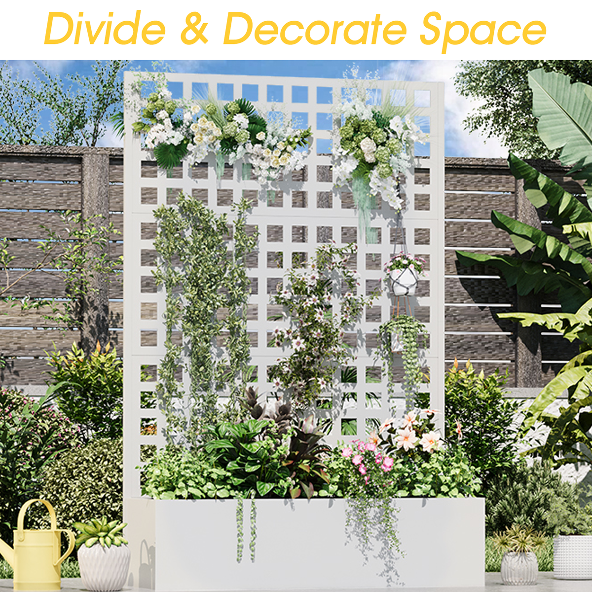 EROMMY Metal Planter Box with Trellis, 71"x 47"x 16" Raised Garden Bed with Trellis, Planter Box Trellis with Privacy Screen and Drainage Holes, White