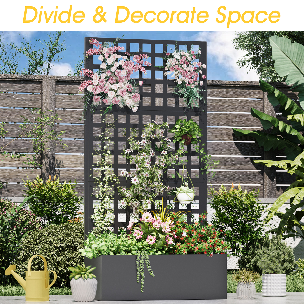 EROMMY Metal Planter Box with Trellis, 71"x 35"x 16" Raised Garden Bed with Trellis, Planter Box Trellis with Privacy Screen and Drainage Holes, Black