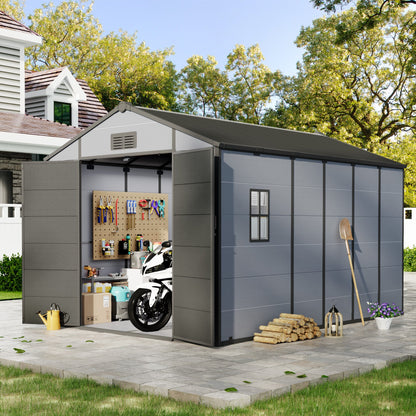 Erommy 8x12 FT Outdoor Storage Shed, Weather-Resistant Shed with Lockable Double Doors & Built-In Floor, Sloped Roof Outdoor Shed for Backyard, Patio & Lawn, Black