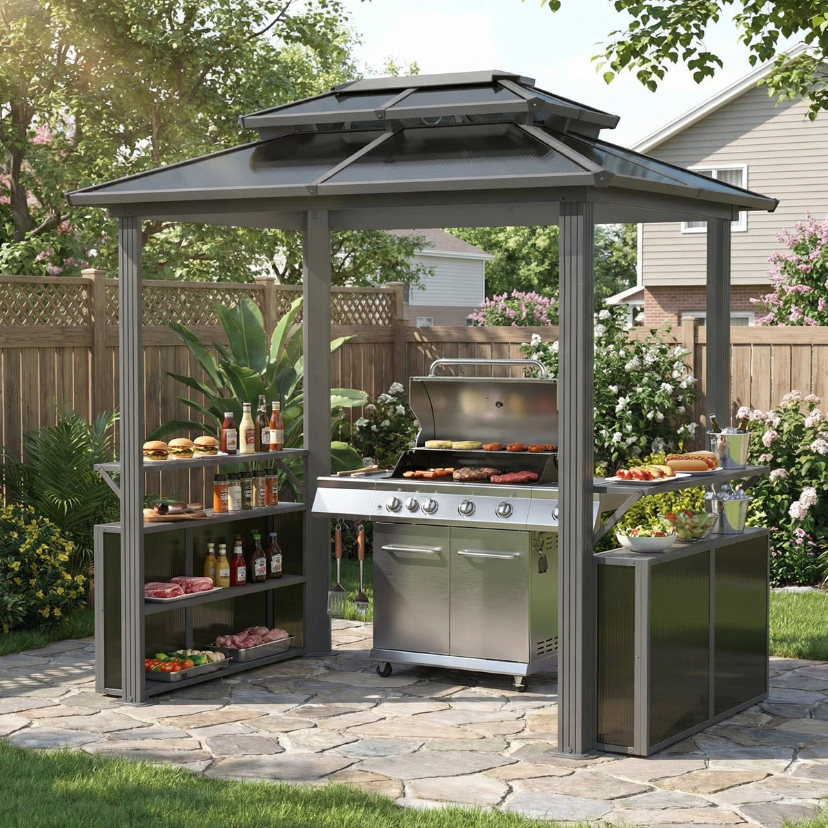 EROMMY 8x6 Polycarbonate Grill Shelter with Two Side Bars