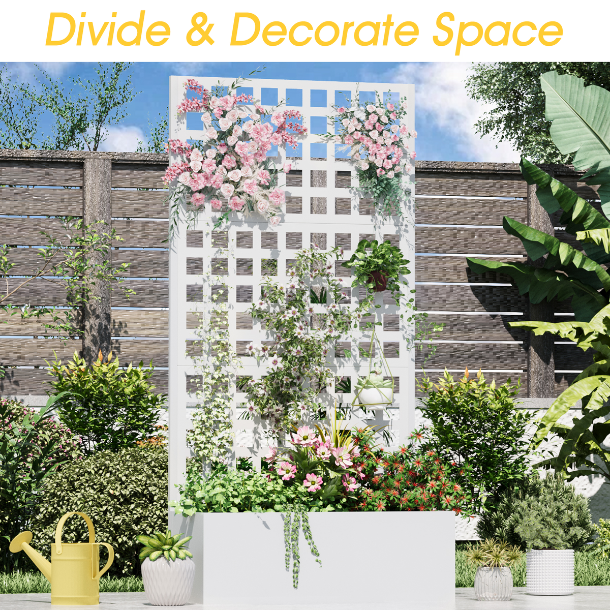 EROMMY Metal Planter Box with Trellis, 71"x 35"x 16" Raised Garden Bed with Trellis, Planter Box Trellis with Privacy Screen and Drainage Holes, White