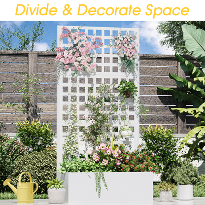 EROMMY Metal Planter Box with Trellis, 71"x 35"x 16" Raised Garden Bed with Trellis, Planter Box Trellis with Privacy Screen and Drainage Holes, White