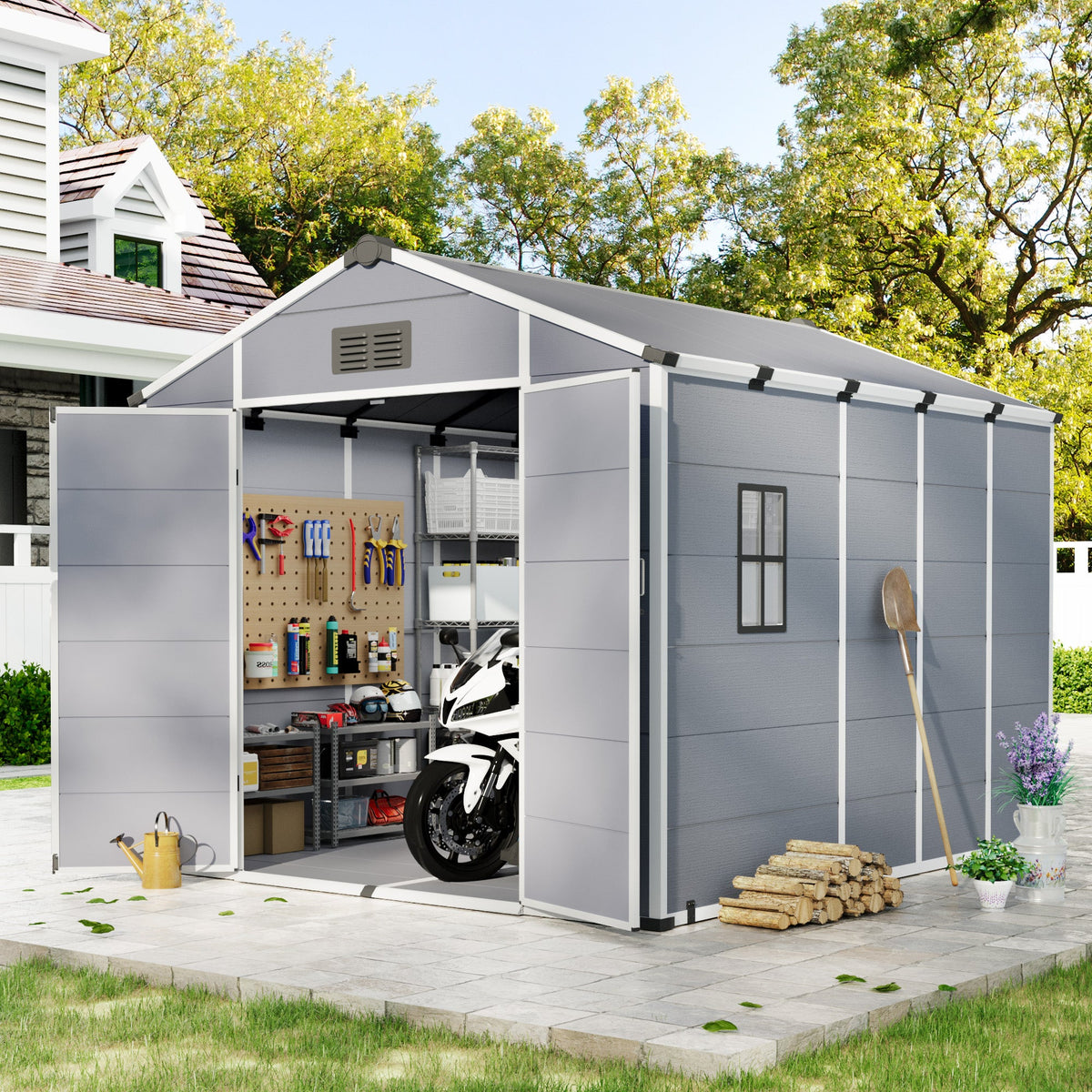8x10 FT Outdoor Storage Shed, Weather-Resistant Shed with Lockable Double Doors & Built-In Floor, Sloped Roof Outdoor Shed for Backyard, Patio & Lawn, Gray