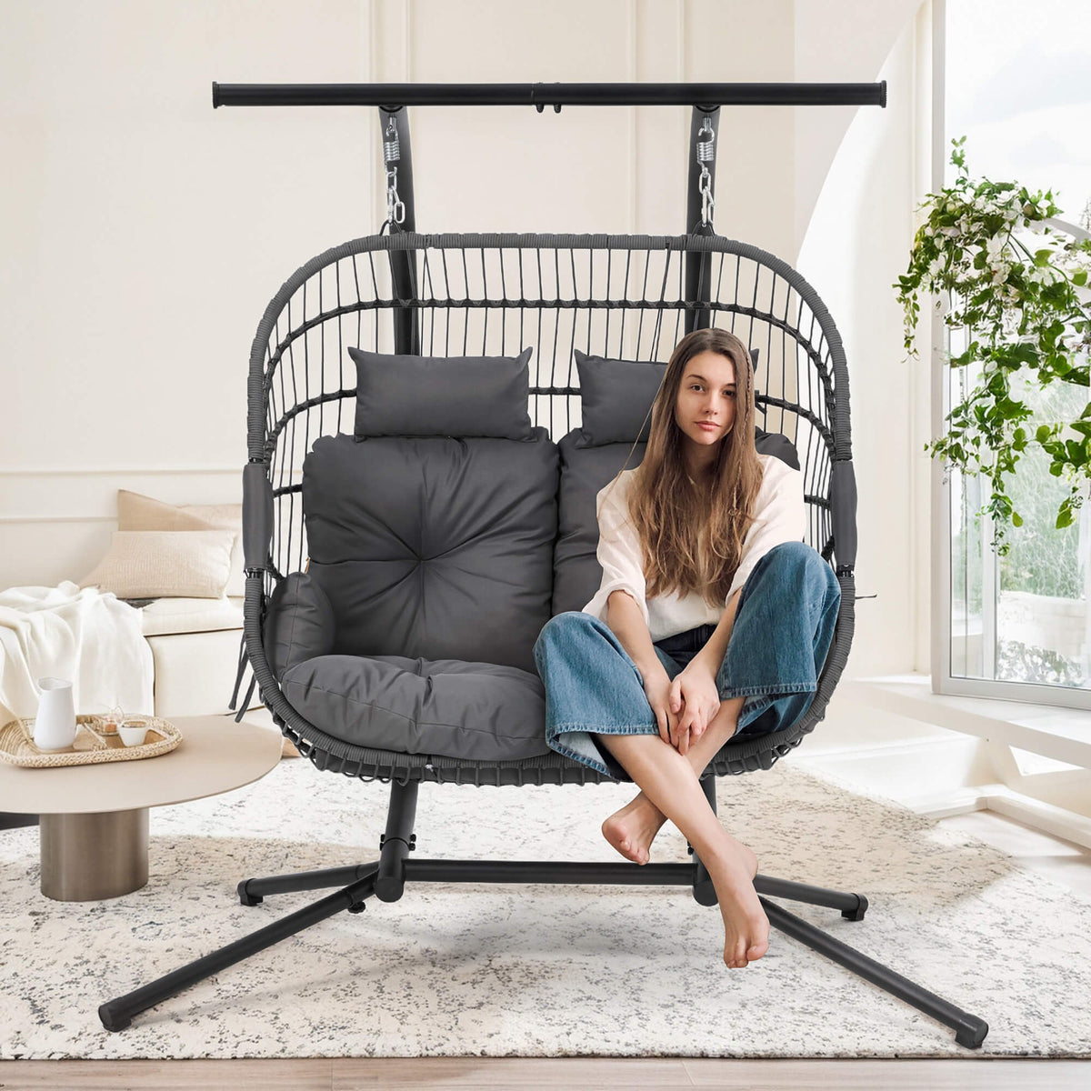 EROMMY Double Hanging Egg Chair with Stand and Extra Cushion, Gray