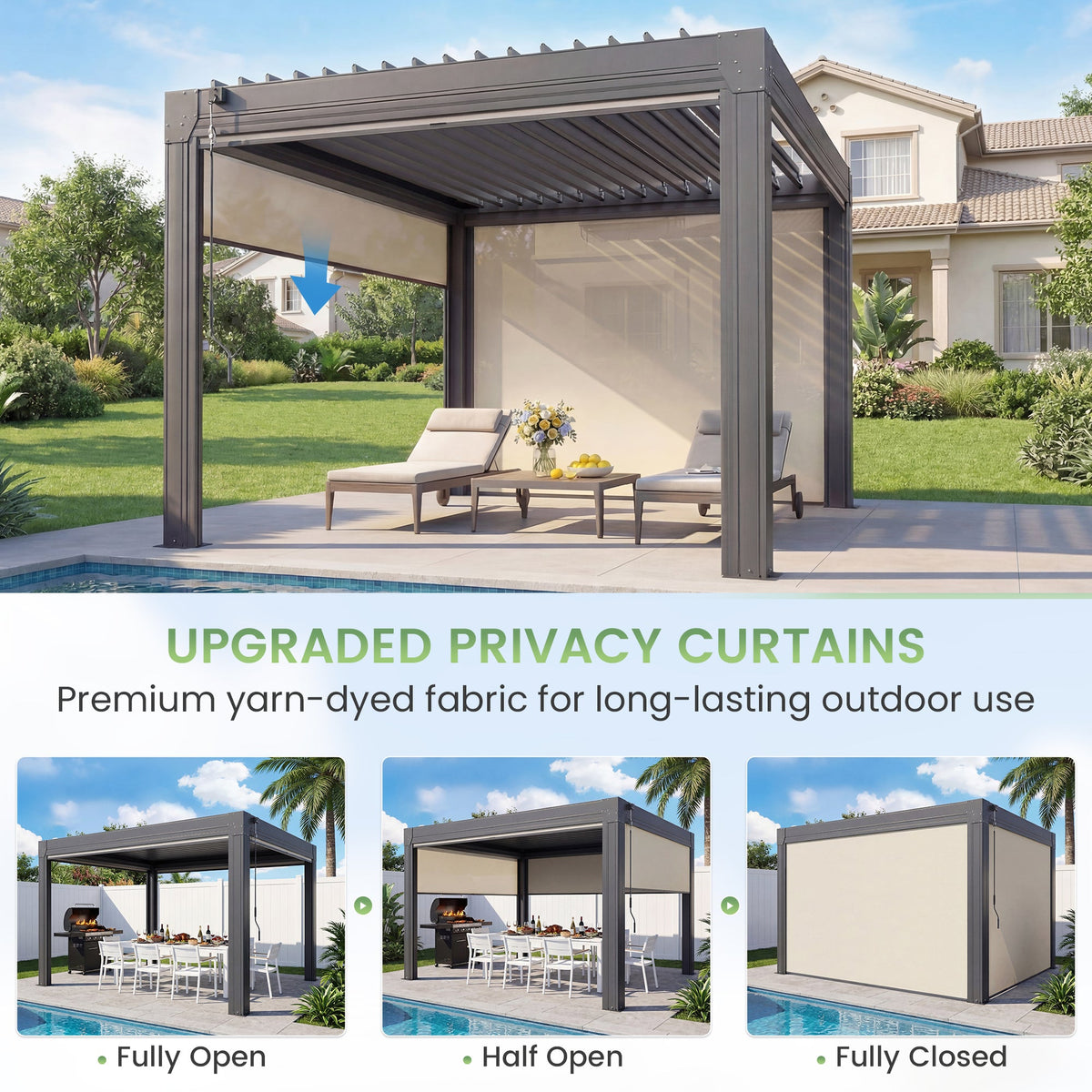 EROMMY 10' x 12' Louvered Pergola with Pull-Down Screens, Aluminum Outdoor Pergola with Retractable Roof for Patios, Decks & Backyards, Black