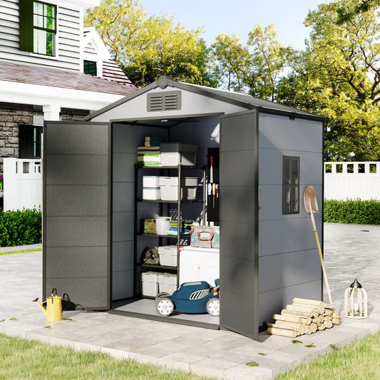 6x4 FT Outdoor Storage Shed, Weather-Resistant Shed with Lockable Double Doors & Built-In Floor, Sloped Roof Outdoor Shed for Backyard, Patio & Lawn, Black