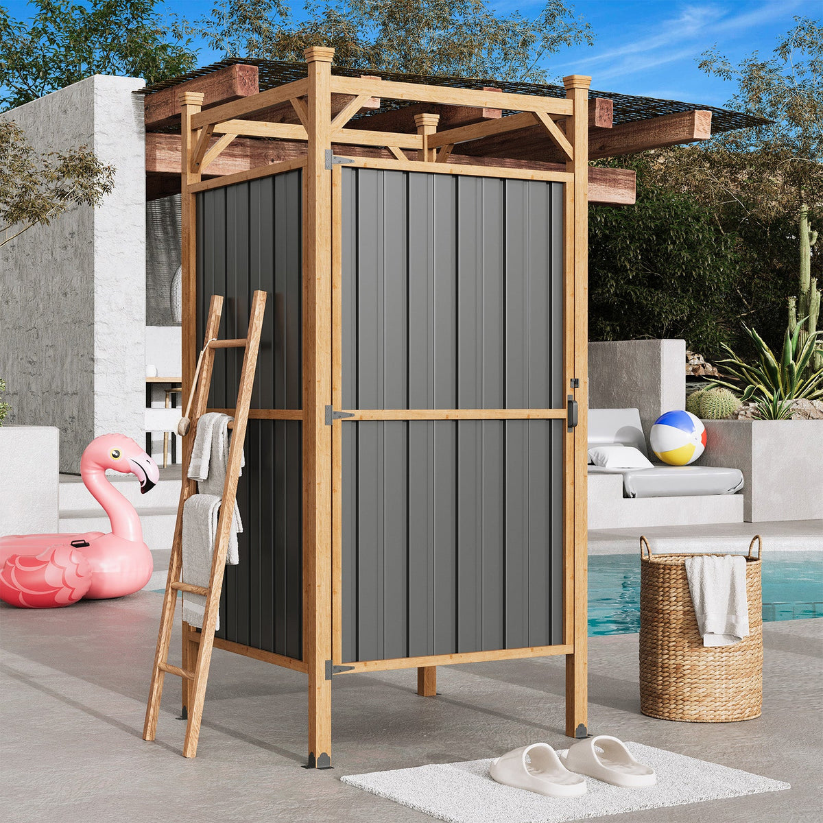 EROMMY Outdoor Shower Enclosure with Lockable Door, Weatherproof Outdoor Shower Stall with Metal Panels, Hooks & Shelves - Perfect for Pool Wash Station, Backyard & Beach Rinse Area Small Version