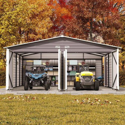 EROMMY 20x20 FT Heavy Duty Carport - Galvanized Steel Frame Car Shelter with Reinforced Base, Enclosed Storage Shed for Cars & Trucks, Grey