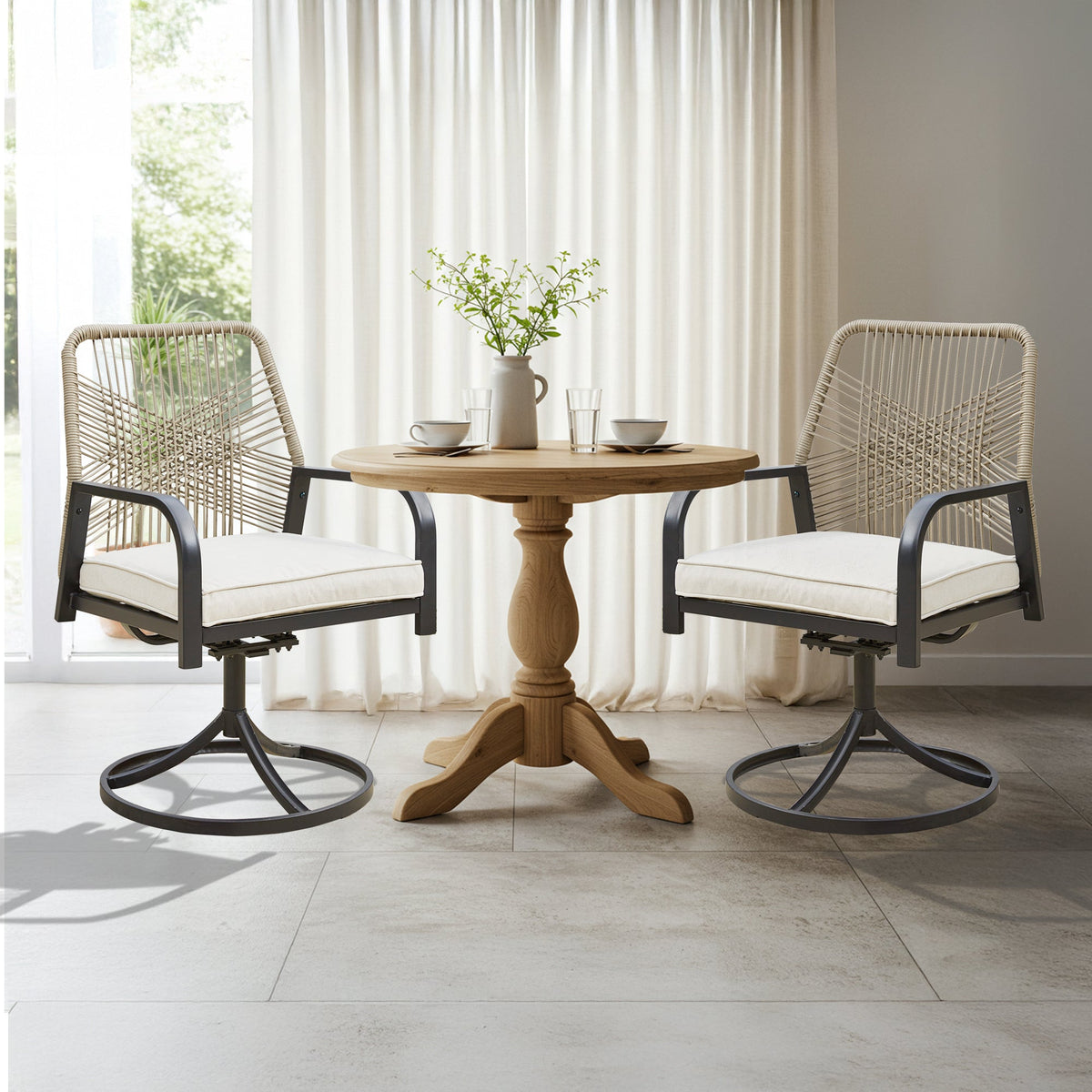 EROMMY Swivel Patio Chairs Set of 4, Outdoor Rattan Dining Chairs with Thickened Cushions, Beige