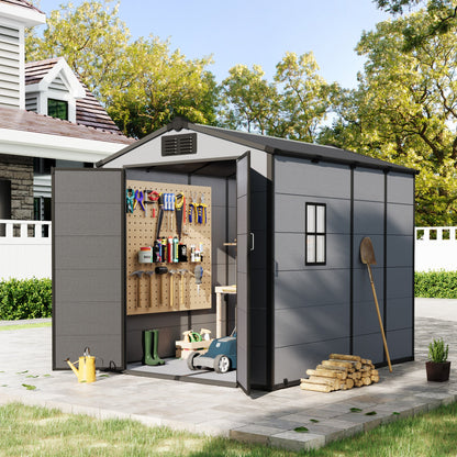 6x8 FT Outdoor Storage Shed, Weather-Resistant Shed with Lockable Double Doors & Built-In Floor, Sloped Roof Outdoor Shed for Backyard, Patio & Lawn, Black