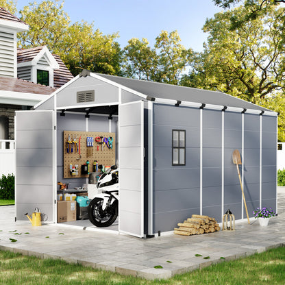 Erommy 8x12 FT Outdoor Storage Shed, Weather-Resistant Shed with Lockable Double Doors & Built-In Floor, Sloped Roof Outdoor Shed for Backyard, Patio & Lawn, Gray