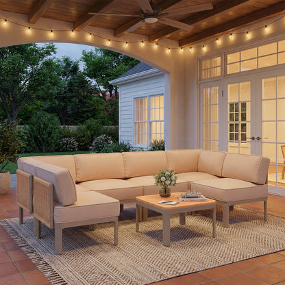 EROMMY 7 Pieces Patio Sectional Furniture Set, Aluminum Frame Outdoor Conversation Set with 6" Thick Cushions & Coffee Table, Beige