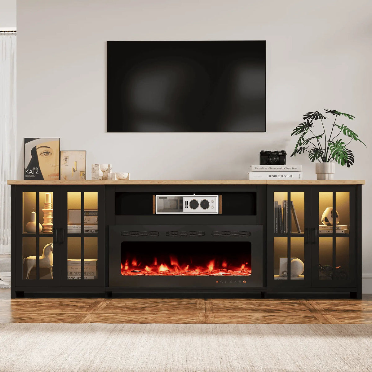 EROMMY 97 Inch Fireplace TV Stand with 42" Electric Fireplace, Fireplace Entertainment Center Media Console, Long TV Stand for Living Room, Television Stands for 100 Inch TV, Black