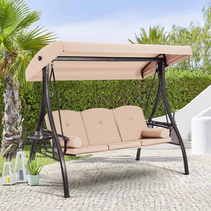 EROMMY 3-Seat Outdoor Porch Swing with Adjustable Canopy and Backrest, Khaki