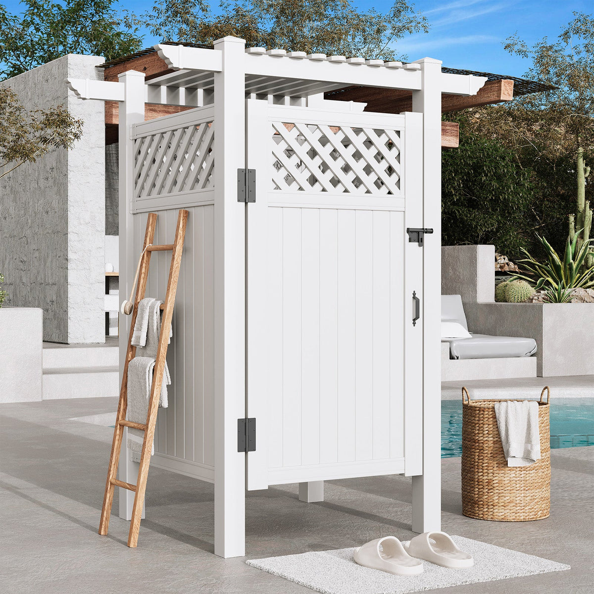 EROMMY 88.5"H x 57.5"W x 47.75"L White PVC Outdoor Shower Enclosure with Door, Weatherproof Privacy Stall for Pool & Beach, Durable Vinyl Construction（Grid-panel with roof）