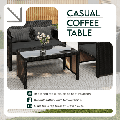 EROMMY 4-Piece Patio Furniture Set, Outdoor Wicker Patio Conversation Set with Cushions, Sofa & Glass Coffee Table, Gray