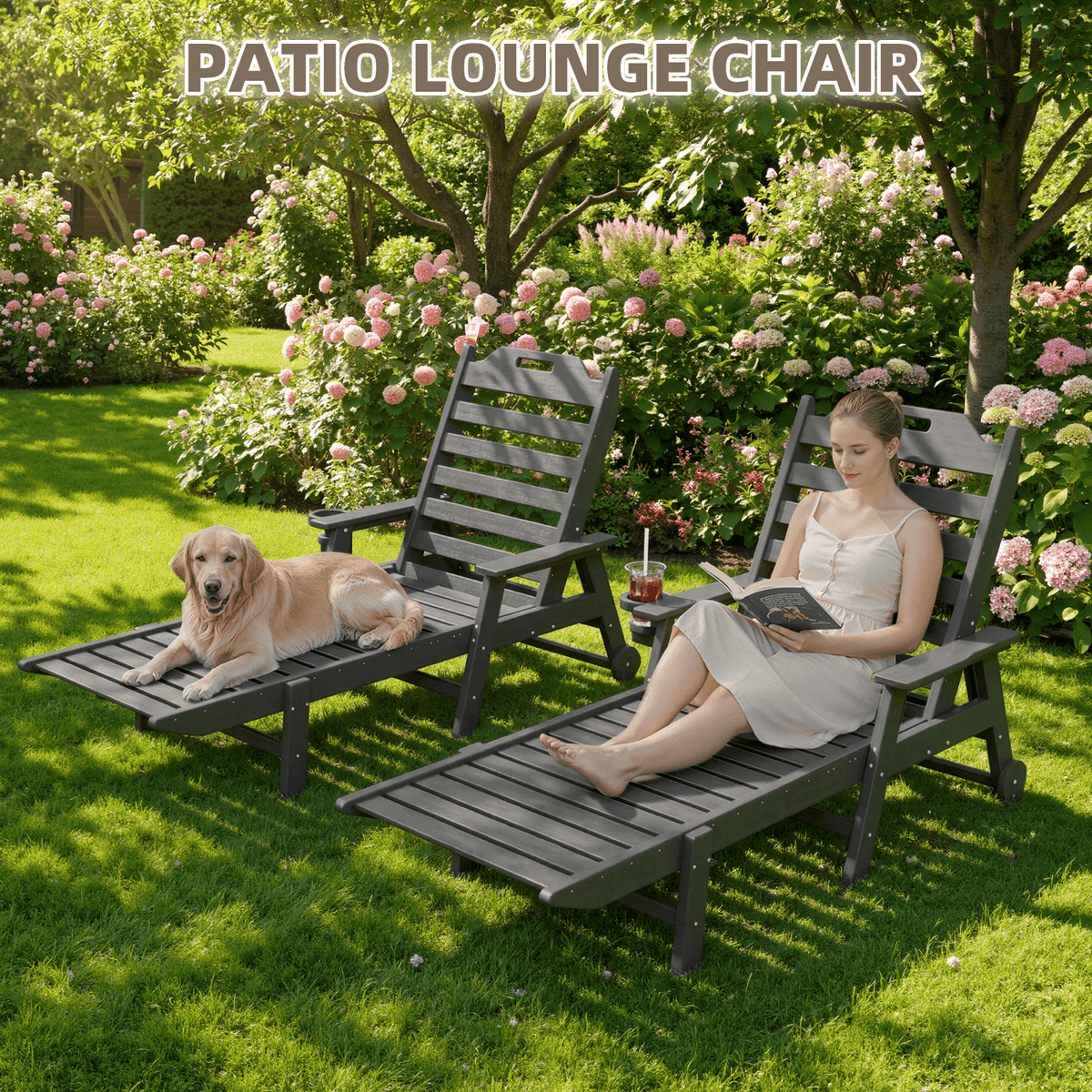 EROMMY 24" W Oversized Chaise Lounge Chairs Set of 2, Adjustable HDPE Outdoor Chairs with Wheels & Cup Holder, Dark Grey