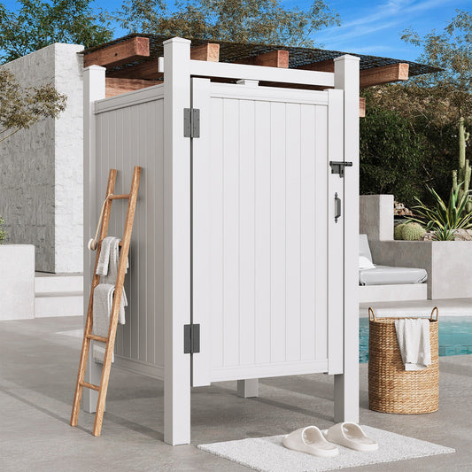 EROMMY 80.75"H x 45.75"W x 45.75"L White PVC Outdoor Shower Enclosure with Door, Weatherproof Privacy Stall for Pool & Beach, Durable Vinyl Construction（Flat-panel）