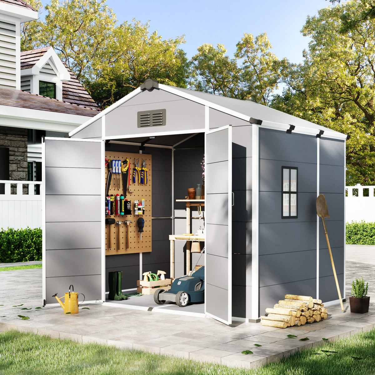 Erommy 8x6 FT Outdoor Storage Shed, Weather-Resistant Shed with Lockable Double Doors & Built-In Floor, Sloped Roof Outdoor Shed for Backyard, Patio & Lawn, Gray