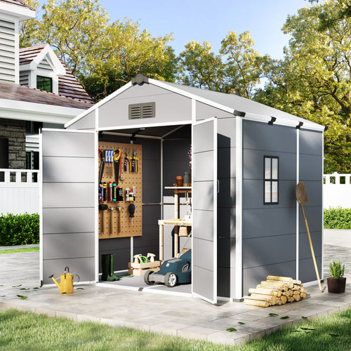 Erommy 8x6 FT Outdoor Storage Shed, Weather-Resistant Shed with Lockable Double Doors & Built-In Floor, Sloped Roof Outdoor Shed for Backyard, Patio & Lawn, Gray